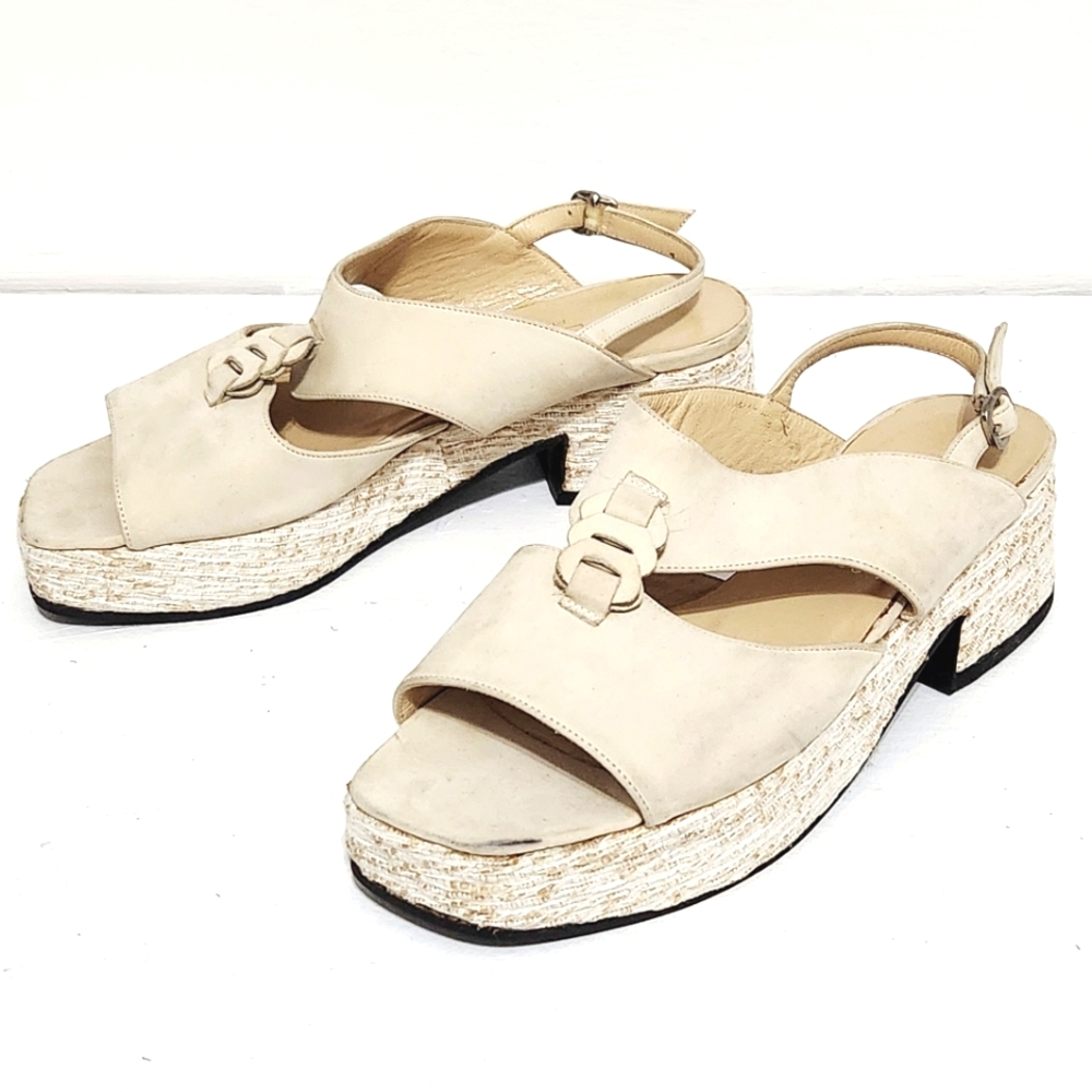Petra Firenze Italian Suede Leather Cream Beige Slingback Woven Platform Sandals